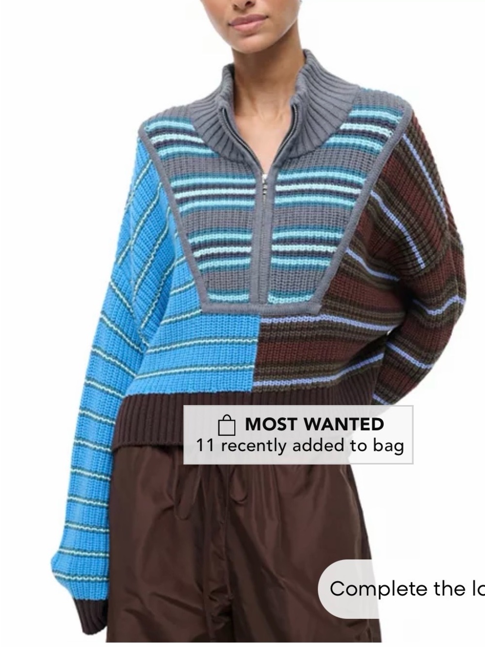 STAUD Colorblock Striped Zip Turtleneck Sweater in Blue, Gray & Brown